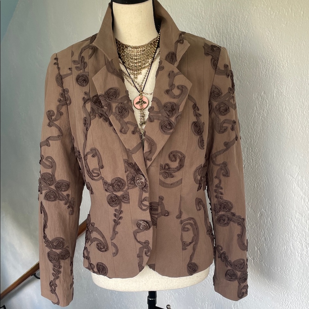 Lens Gabrielle Elegant Chocolate Brown Embroidered Women's Blazer Jacket Size 8